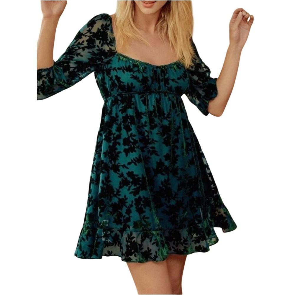 LaitCollection Emerald Green Burnout Velvet Floral Babydoll Mini Dress Size M